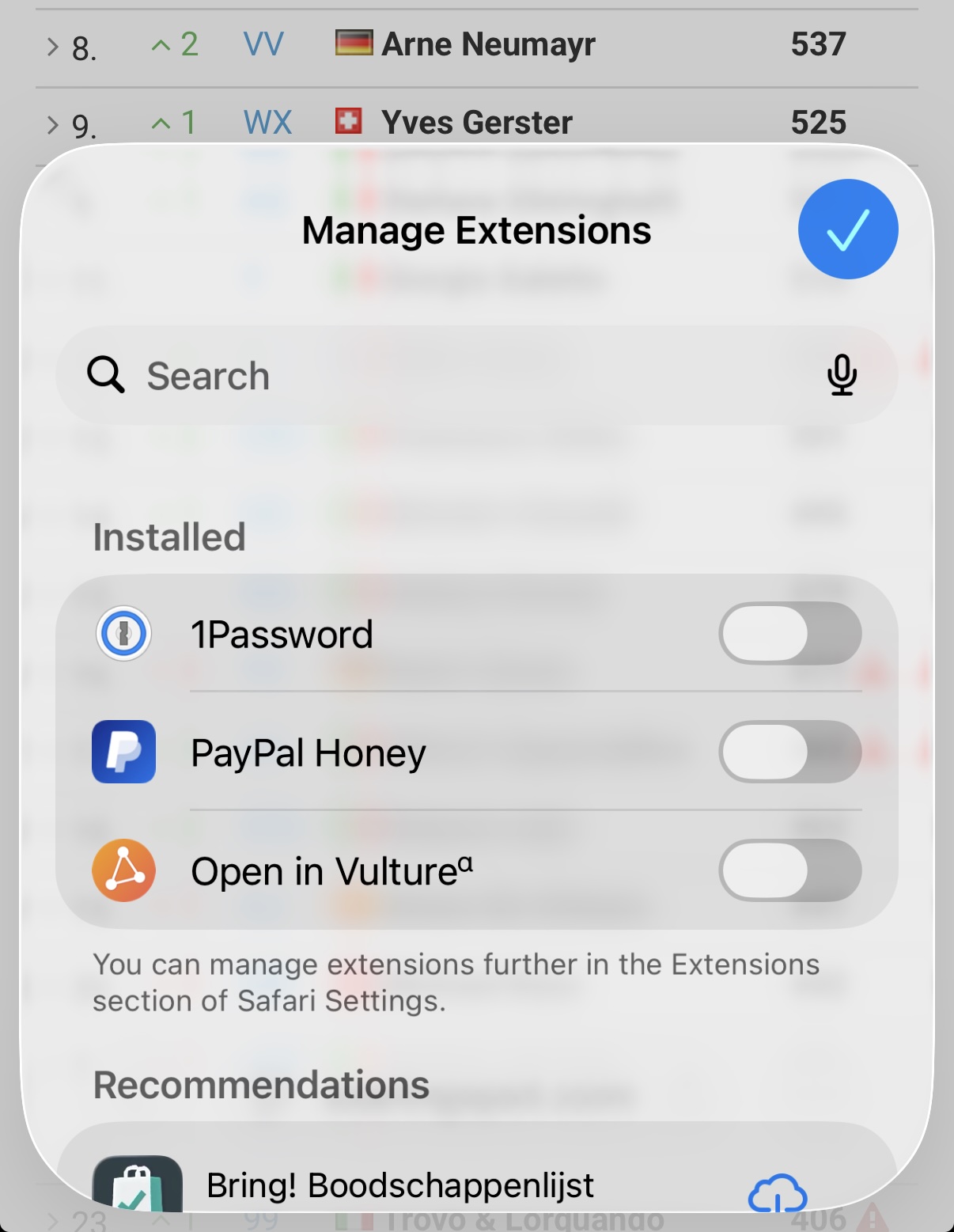 Enable the Safari extension in iOS Settings