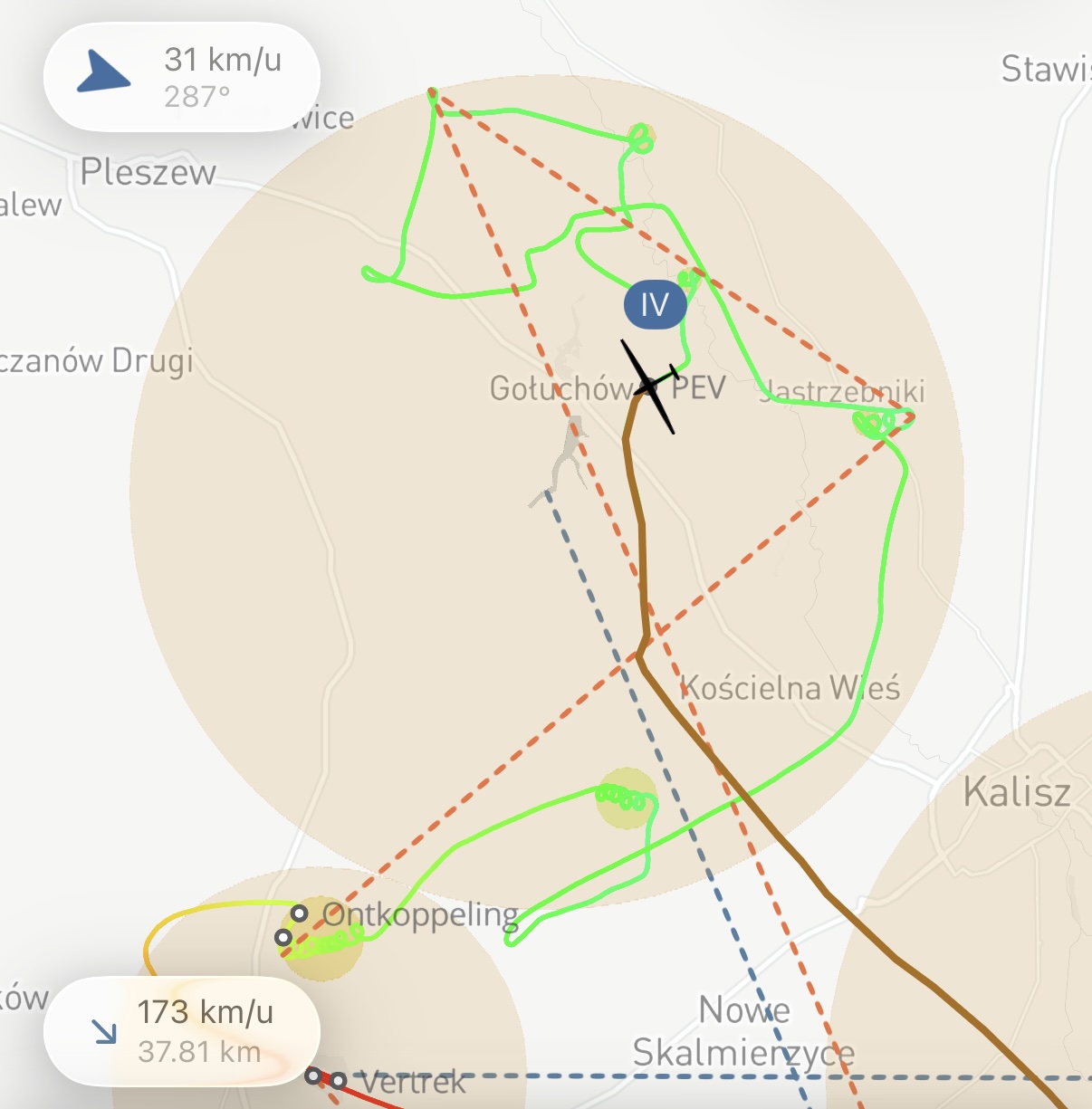 Flight with PEV cylinder start on the map