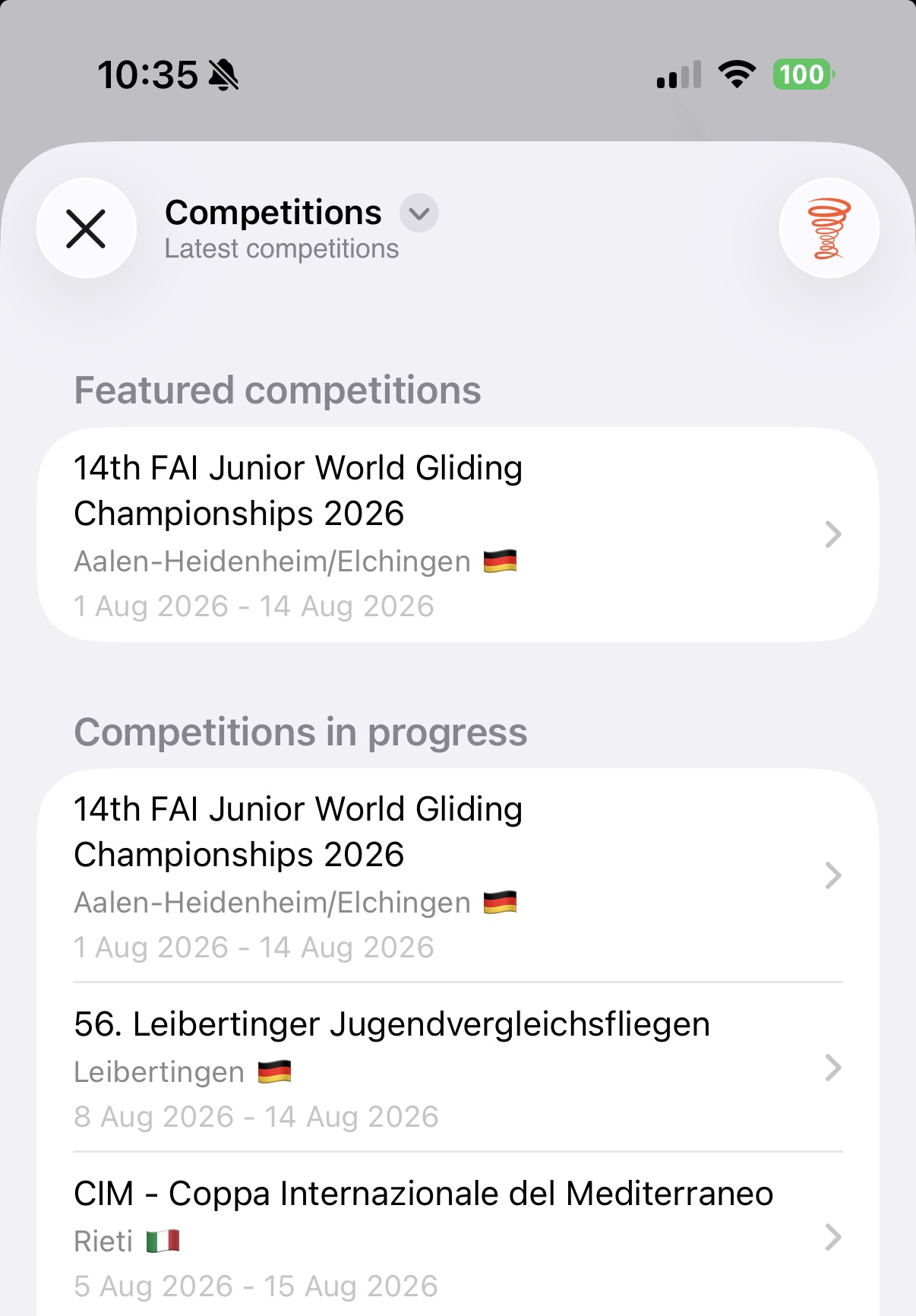 Competition browser with filters